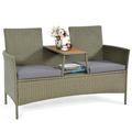 Patiojoy Outdoor Patio Rattan Loveseat Sofa Double Conversation Set w/Cushion & Built-in Table