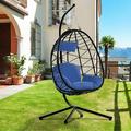 Outdoor Hanging Egg Chair with Stand Wicker Hanging Swing Chair with Steel Frame and UV Resistant Cushion Hammock Basket Egg Chair 300lbs Capacity for Indoor Outdoor Yard Balcony Patio K3128