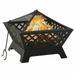 Anself Garden Fire Pit with Poker and Mesh Cover Steel Wood Burning Firepit Log Grate Black for Outdoor BBQ Camping Backyard Poolside Park 25.2 x 25.2 x 20.9 Inches (L x W x H)