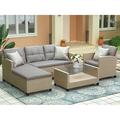 Wicker Sectional Table and Chairs Sets 4 Pieces Outdoor Wicker Patio Furniture Set with Sectional L-Shaped Chaise Longue Armchair Tempered Glass Table Cushions for Porch Backyard Garden S1494