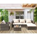 Outdoor Patio Conversation Set 4PCS PE Rattan Wicker Sofa Set Outdoor Sectional Furniture Chair Set with Ottoman Cushions and Tea Table All-Weather Bistro Set for Garden Lawn Poolside B628