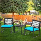 Outdoor 3-Piece Coffee Set Black Wicker Furniture-Two Chairs with Glass Coffee Table