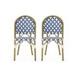 Brandon Outdoor French Bistro Chair Set of 2 Blue White Bamboo Finish