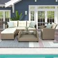 4 Piece Patio Furniture Set All-Weather Outdoor Sectional Sofa Set PE Rattan Conversation Set with Table & Cushions Wicker Furniture Couch Set for Patio Deck Garden Poolside Yard B74