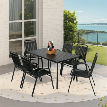 7-Piece Black Outdoor Patio Dining Set Steel Table & Plastic Chairs Waterproof Fade-Resistant Garden Furniture Set for Garden Poolside and Indoor Use