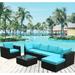 7 Piece Outdoor Furniture Wicker Patio Garden Dining Sets Backyard Patio Rattan Furniture Sets with Seat Cushions & Tempered Glass Coffee Table for Porch Poolside Backyard Blue S6684
