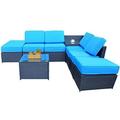 Mcombo Outdoor Patio Black Wicker Furniture Sectional Set All-Weather Resin Rattan Chair Conversation Sofas 6085-1008A6 (Blue)