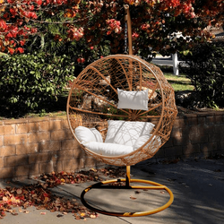 Jerry & Maggie - Patio Swing Chair Outdoor Cute Golden Nest Wicker Plastic Swing Lounge Chair with Mat & Support Frame