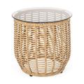 Noble House Boynton Wicker Side Table with Tempered Glass Top in Light Brown