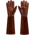 SUCCLACE Long-Gardening-Gloves for Women/Men - Thorn Proof Cowhide Leather Rose/Blackberry Pruning Heavy Duty Gloves Thick Palm Gauntlet Garden Work Gloves with Forearm Protection (Brown-X-Large)