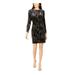 JBS LIMITED Womens Black Printed Long Sleeve Jewel Neck Short Shift Cocktail Dress Size 14