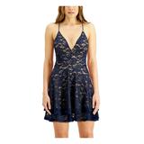 EMERALD SUNDAE Womens Navy Glitter Floral Spaghetti Strap Sweetheart Neckline Mini Fit + Flare Evening Dress Size XXS