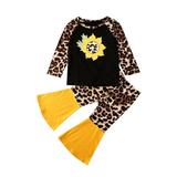 Toddler Girls Sunflower Outfits Set Leopard Long Sleeve Tops Flare Floral Pants 2Pcs Summer Clothes