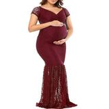 Avamo Women Maternity Long Dress Short Sleeve V Neck Lace Elegant Gown Maxi Photography Dress Summer Floral Mermaid Sundress