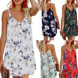 Women Sleeveless Print Dress Summer Fashion V-neck Buttons Dress for Ladies Girls