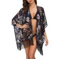 Women's Floral Print Puff Sleeve Kimono Fringe Open Front Cardigan Loose Beach Cover Up Casual Blouse Tops Fringe Beachwear T Shirt Blouse