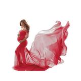 Maternity Off Shoulder Chiffon Gown w/Long Train Maxi Photography Dress Wedding Party Photo Props Baby Shower Dress