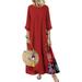 Womens Summer 3/4 Sleeve Maxi Dress Floral Kaftan Color Block Casual Sundress