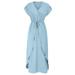 Grace Karin Women Surplice V-Neck Maxi Dress Short Sleeve Drawstring Waist A-Line Dress(Light Blue,XL)