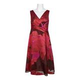 Adrianna Papell V-Neck Sleeveless Pleated Zipper Back Organza Jacquard Dress-RED MULTI