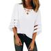 Women Flared Sleeve Tops Casual Criss Cross V-neck Blouse Shirts Summer Loose Tunic Ladies Hollow Out Pullover T-shirt