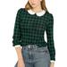 Allegra K Women's Peter Pan Collar Contrast Long Sleeve Plaid Shirt