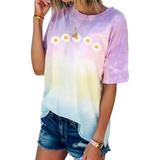 Plus Size Women Tie-Dye Short Sleeve Daisy Floral Print T Shirt ladies Summer Casual Gradient Dye Print Pullovers Blouse Top Shirt Beach T-Shirt Blouse Tops S-5XL