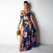 Women Boho Long Dress Off Shoulder Floral Leaves Print High Split Cutout Summer Beach Holiday Maxi Dress