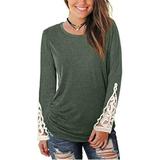 Women's Solid Color T-shirt Round Neck Pleated Sleeve Top Lace T-shirt
