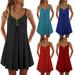 HEVIRGO Women V Neck Sleeveless Buttons Pleated Large Hem Sundress Knee-length Dress