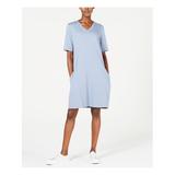 EILEEN FISHER Womens Light Blue Short Sleeve V Neck Below The Knee Shift Dress Size PM