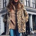 Meterk Winter Women Faux Fur Longline Coat Leopard Print Notched Collar Long Sleeve Jacket Parka Outerwear