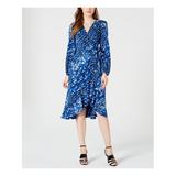 CALVIN KLEIN Womens Blue Floral Long Sleeve V Neck Below The Knee Fit + Flare Dress Size 14