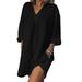 Oversized Women Cotton Linen Dress 3/4 Sleeve Long Shirts Tunic Dress Tops Ladies Baggy Loose Kaftan Mini Sun Dress