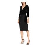 RALPH LAUREN Womens Black Tie Velvet Solid 3/4 Sleeve V Neck Midi Wrap Dress Evening Dress Size 8