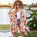 Fashion Women Floral Print Cardigan Batwing Half Sleeve Split Hem Open Front Sheer Loose Beachwear Blouse Kimono Top