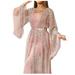 aurora X Women Long Sleeve Sequin Mesh Suit Gown Long Two Piece Dress Pink XL