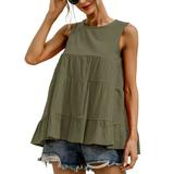 Sexy Dance Women Peplum Tops Leisure Loose Crew Neck Vest Tops Ladies Sexy Beach Sleeveless Loose Button Babydoll Tiered Tops Army Green M(US 6-8)