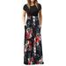 Sunisery Women Long Dress Floral Pattern Round Neck Slim Ankle Length Dress