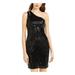 TEEZE ME Womens Black Sequined Sleeveless Asymmetrical Neckline Short Sheath Cocktail Dress Size 1\2