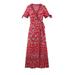 Women Summer V Neck Wrap Vintage Floral Print Hollow Out Short Sleeve Split Belted Flowy Boho Beach Long Dress Ladies Oversized Midi Sundress