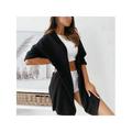 Womens Long Sleeve Knit Cardigan Solid Color Sweater Outwear Casual Mid-length Lazy Coat Jacket