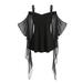 Off-The-Shoulder Mesh Tops Black Sling Mesh Blouse Tie Knot Loose Tops Women Sexy Off Shoulder Deep Blouse Shirt Mesh Gauze Corn Eye Straps Halloween Witch Tops