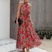 Fashion Women Floral Long Dress Sleeveless Halter Bow Turtleneck Backless Vintage Boho Holiday Beach Casual Maxi Dress