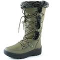 DailyShoes Knee High Faux Fur Lined Snow Boots Bootie Winter Warm Mid Calf Lace Up D Ring Fashion Shoes Slip On Eskimo Boot for Women Alaska-01 Olive