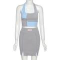 Women's Sexy Patchwork Halter Crop Top + Mini Skirt Set, 2 Piece Outfits Sleeveless Color Block Street Top