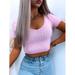 New Women's Summer Solid Color Short T Shirts V Neck Short Sleeve Slim Knitted Top