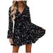 Ma&Baby Women V-Neck Long Sleeve Flower Pattern A-Line Casual Summer Dress