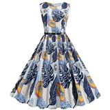 Women Sleeveless Round Neck Leaves Print Long Maxi Dress Summer Beach Shirt Dress