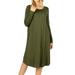 Womens & Plus Round Neck Long Sleeve Knee Length A-Line Swing Trapeze Dress (DK Olive, XL)